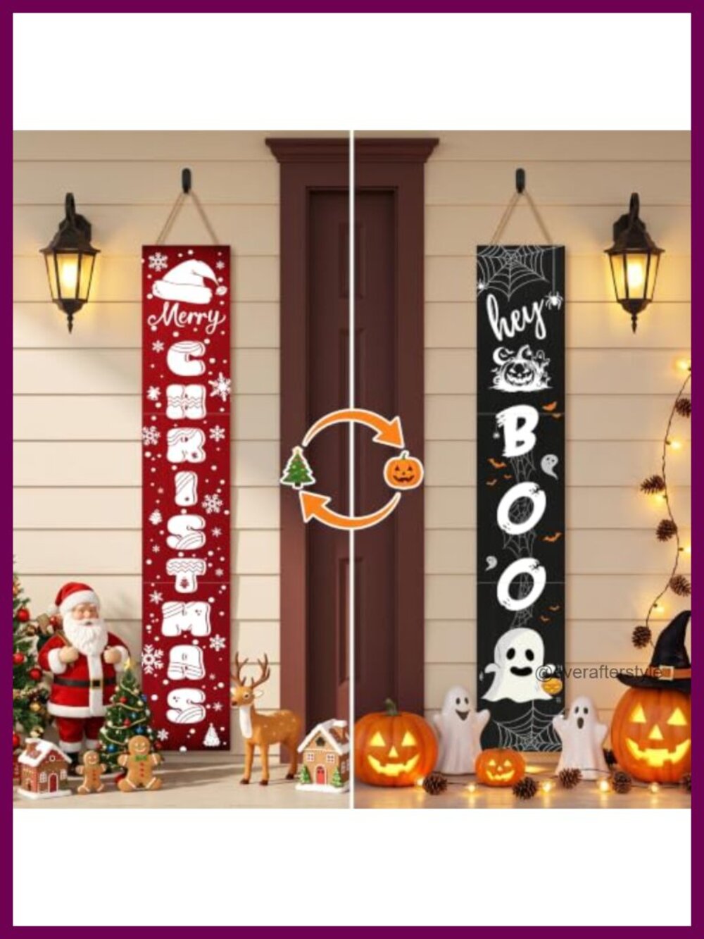 Reversible Wood Porch Sign 47" Double Sided Christmas Halloween Decor